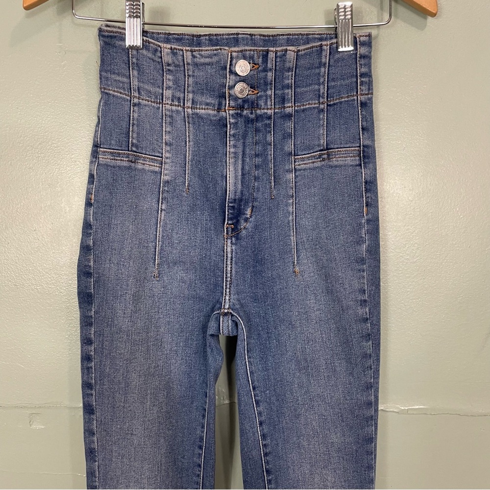 We The Free FP Jayde High Rise Flare Jeans Women Sz 25 Sunburst Blue - Picture 3 of 11